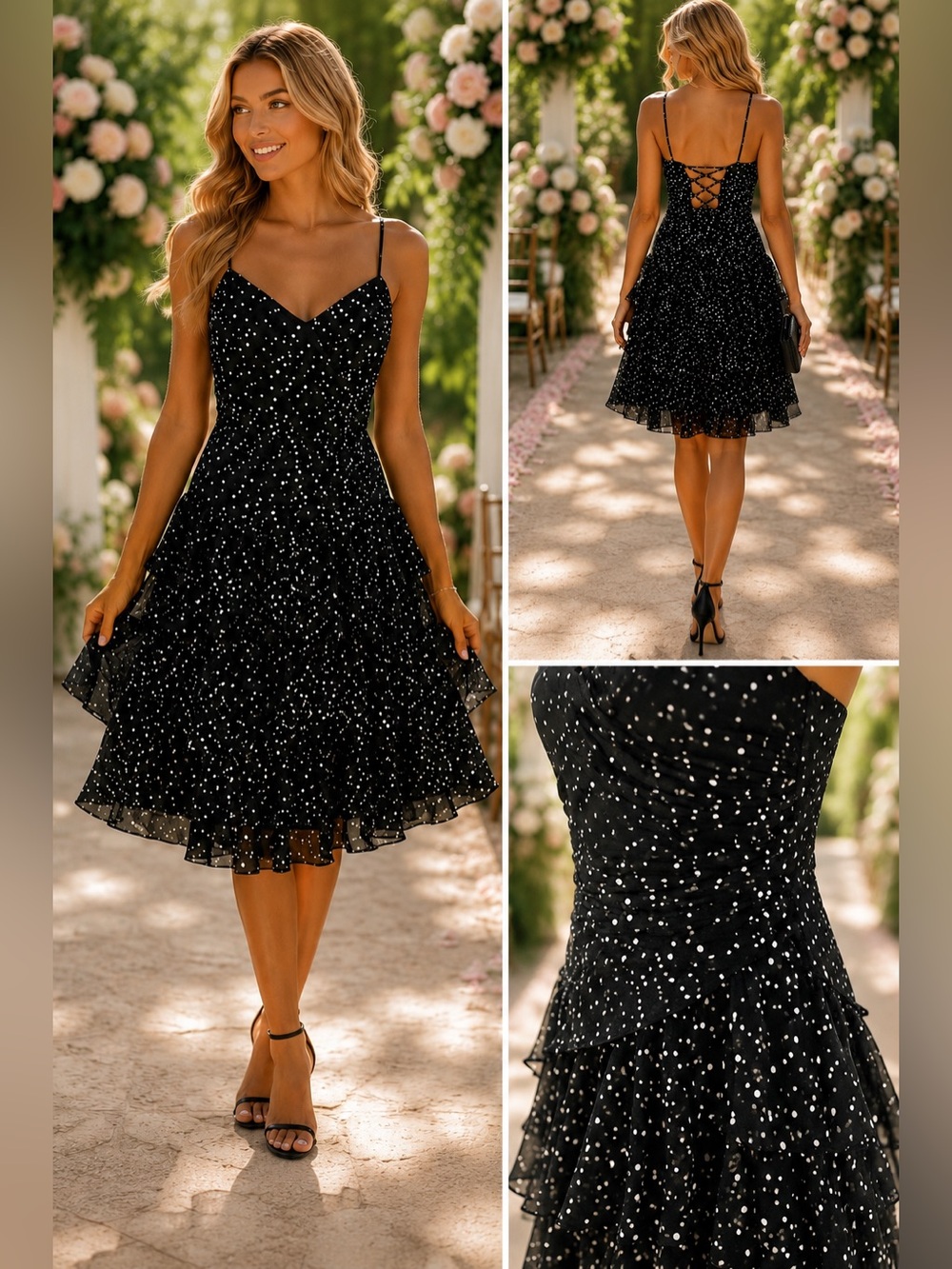 Night Way Black White Polka Dot Chiffon Lace-Up Party Dress 6 8 S M Y2K 80s 90s
